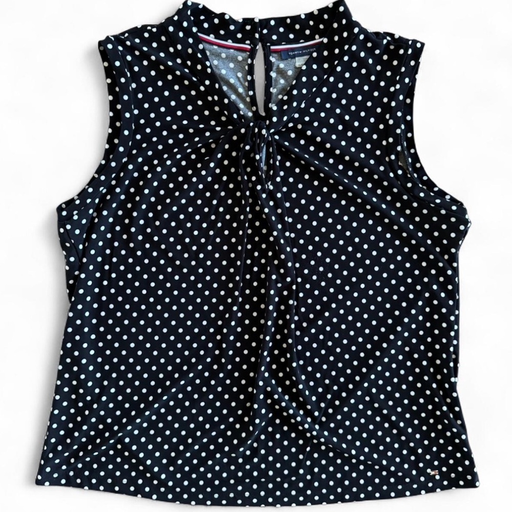 Tommy Hilfiger XL Polka Dot Sleeveless V Neck Blouse White Black Twist Runched